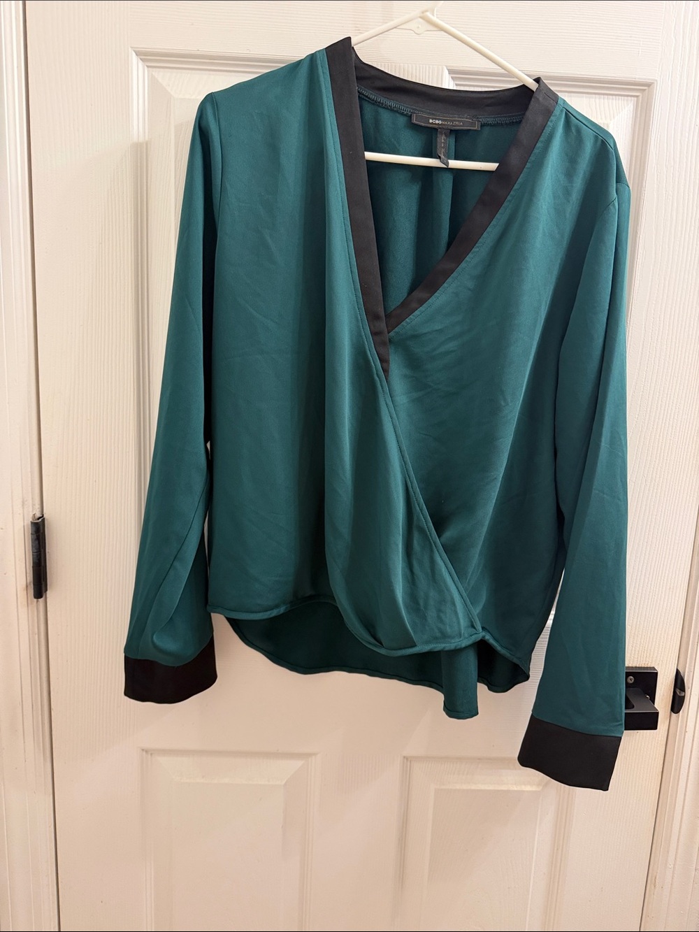 BCBGMaxAzria Teal Wrap Blouse with Black Trim